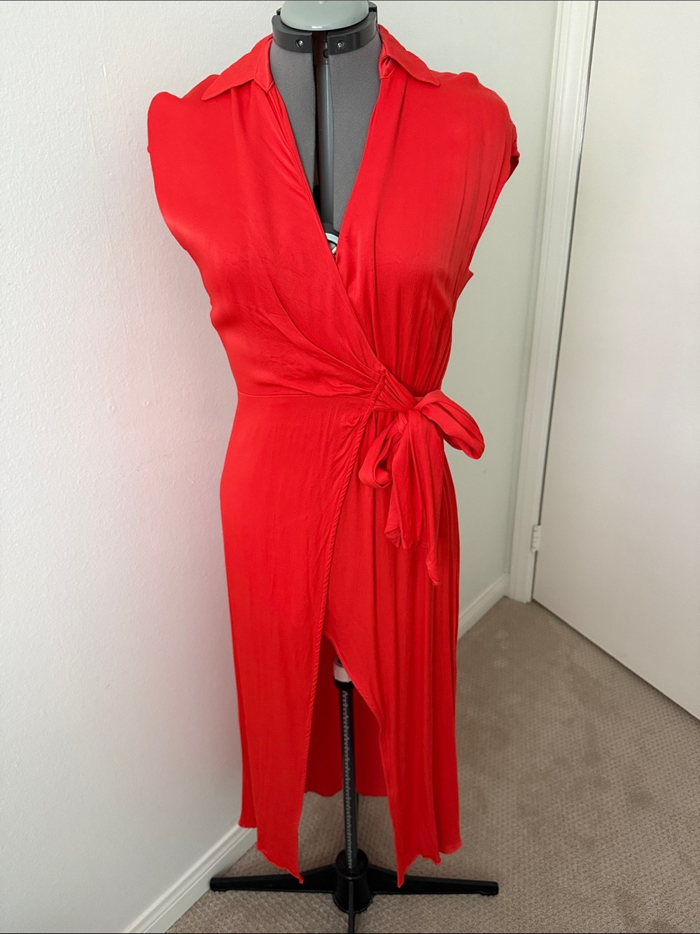 Maeve Coral Red High-Low Wrap Dress with Side Tie